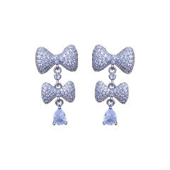925 needle sweet bow full diamond copper dangle earrings