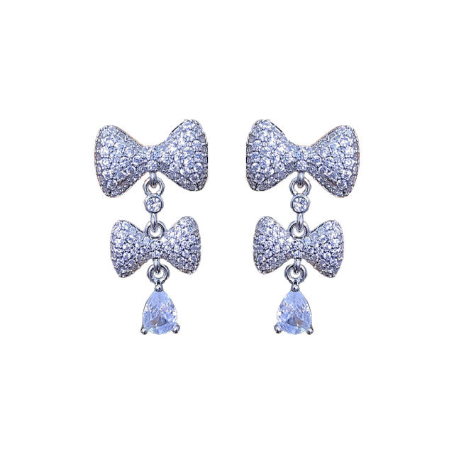 925 needle sweet bow full diamond copper dangle earrings