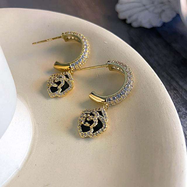 925 needle elegant camellia flower full diamond earrings