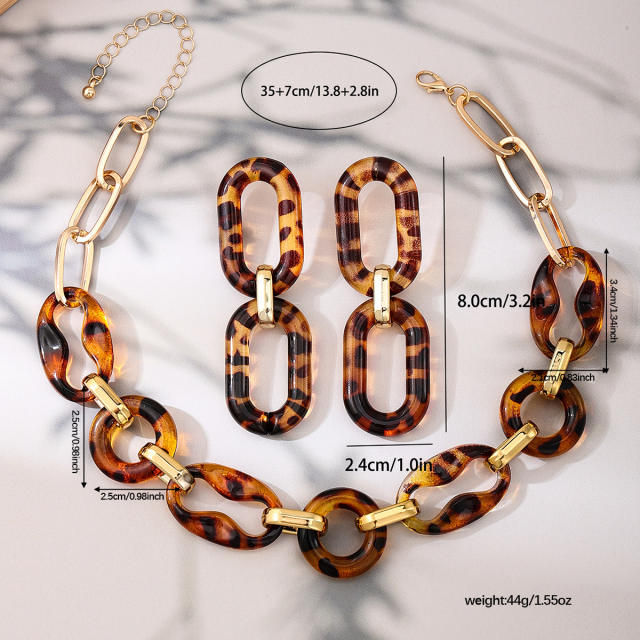 Exaggerated amber acrylic leopard chain necklace earrings multi-piece set
