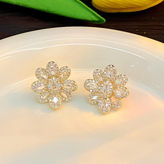 925 needle luxury diamond CZ flower studs earrings