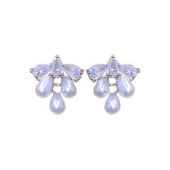 Delicate diamond pearl bead petal copper studs earrings