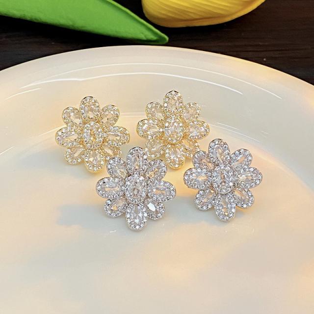 925 needle luxury diamond CZ flower studs earrings