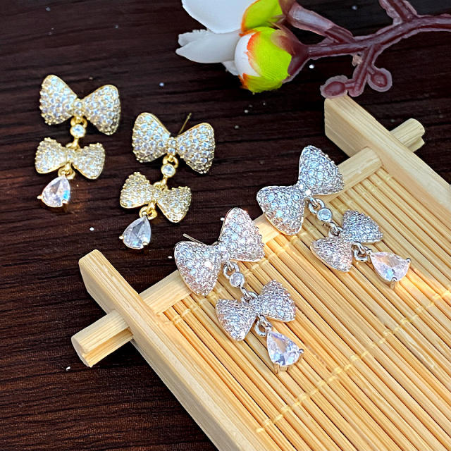 925 needle sweet bow full diamond copper dangle earrings