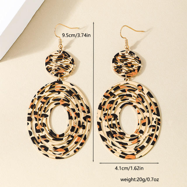 Exaggerated metal geometric leopard print round long tassel earrings