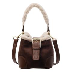 Lamb wool mini bucket bag Maillard suede vintage handbag