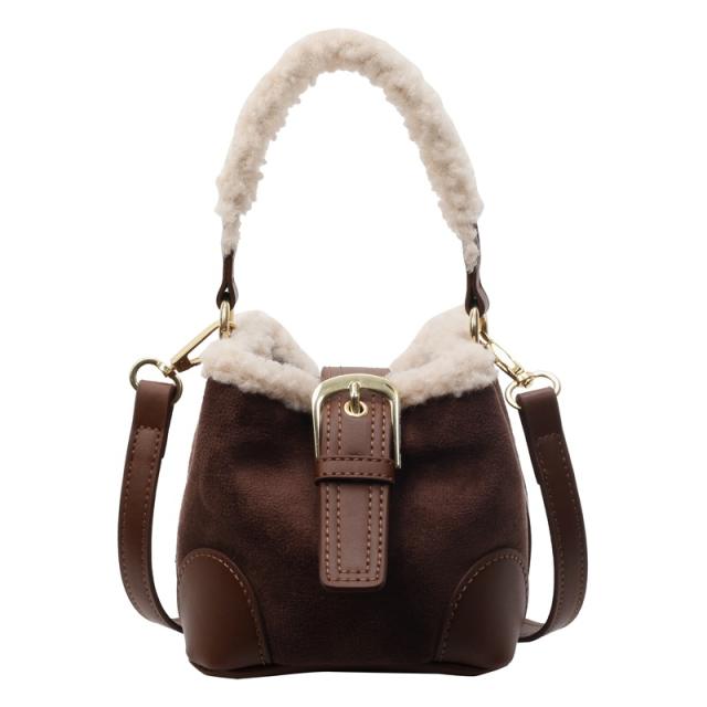Lamb wool mini bucket bag Maillard suede vintage handbag