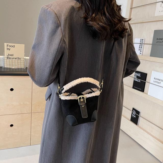 Lamb wool mini bucket bag Maillard suede vintage handbag