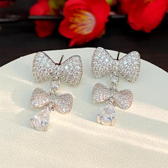 925 needle sweet bow full diamond copper dangle earrings