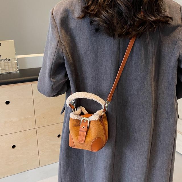 Lamb wool mini bucket bag Maillard suede vintage handbag