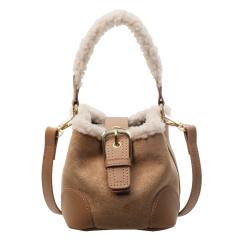 Lamb wool mini bucket bag Maillard suede vintage handbag
