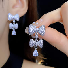 925 needle sweet bow full diamond copper dangle earrings