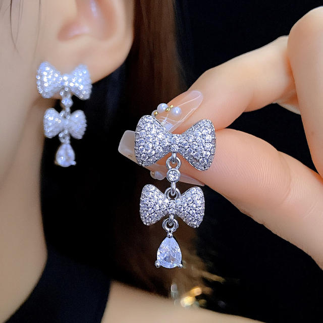 925 needle sweet bow full diamond copper dangle earrings