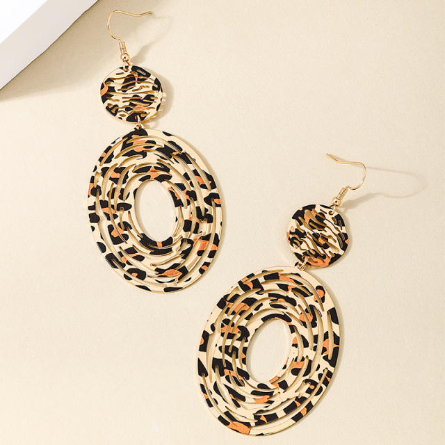 Exaggerated metal geometric leopard print round long tassel earrings