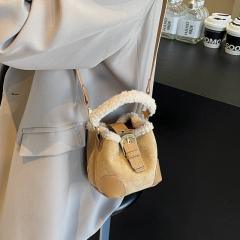 Lamb wool mini bucket bag Maillard suede vintage handbag