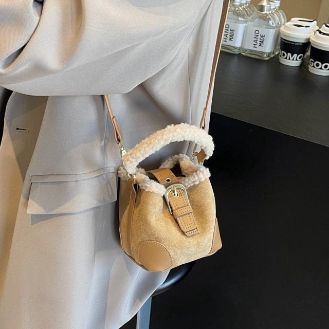 Lamb wool mini bucket bag Maillard suede vintage handbag