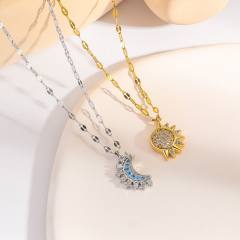 14KG diamond moon sun pendant stainless steel chain necklace couple necklace friends necklace