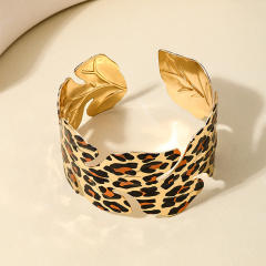 Exaggerated metal wide  leopard leaf opening bangle