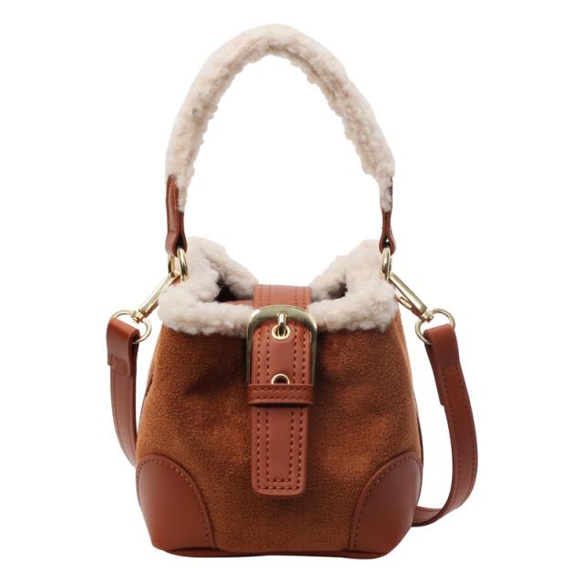 Lamb wool mini bucket bag Maillard suede vintage handbag