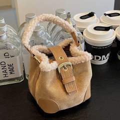Lamb wool mini bucket bag Maillard suede vintage handbag