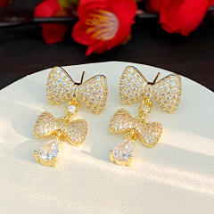 925 needle sweet bow full diamond copper dangle earrings