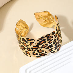 Exaggerated metal wide  leopard leaf opening bangle