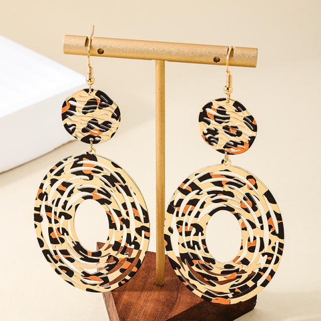 Exaggerated metal geometric leopard print round long tassel earrings