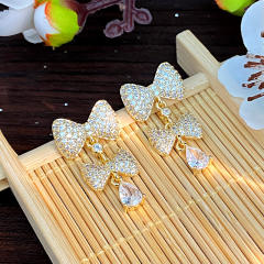 925 needle sweet bow full diamond copper dangle earrings