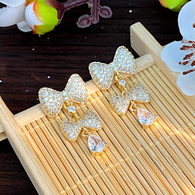 925 needle sweet bow full diamond copper dangle earrings