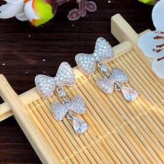 925 needle sweet bow full diamond copper dangle earrings