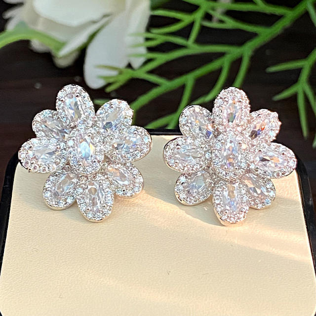 925 needle luxury diamond CZ flower studs earrings