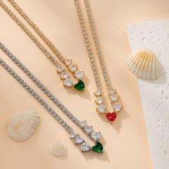 Elegant tennis chain zircon colorful heart copper necklace