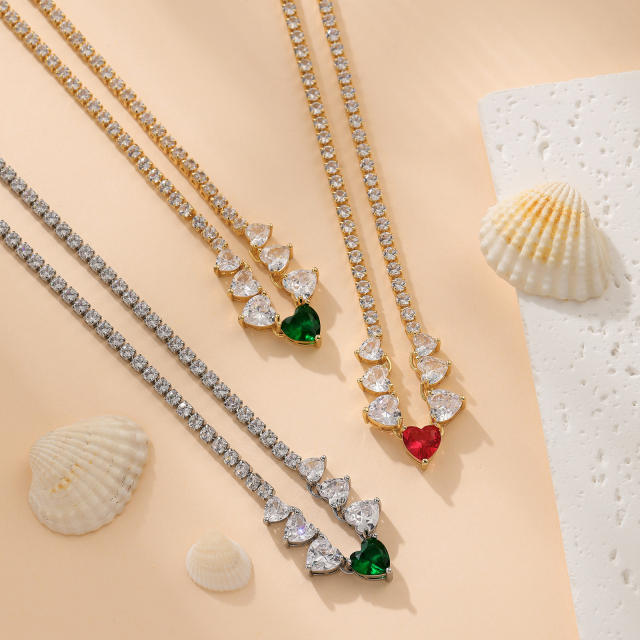 Elegant tennis chain zircon colorful heart copper necklace