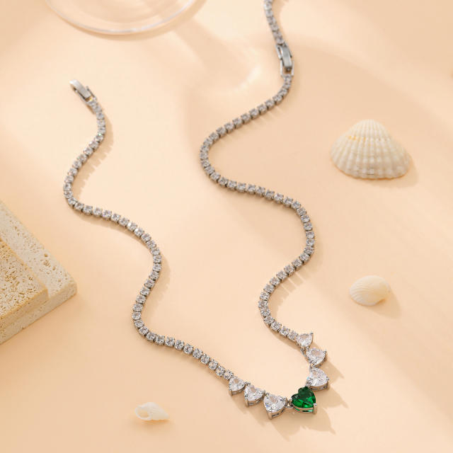 Elegant tennis chain zircon colorful heart copper necklace