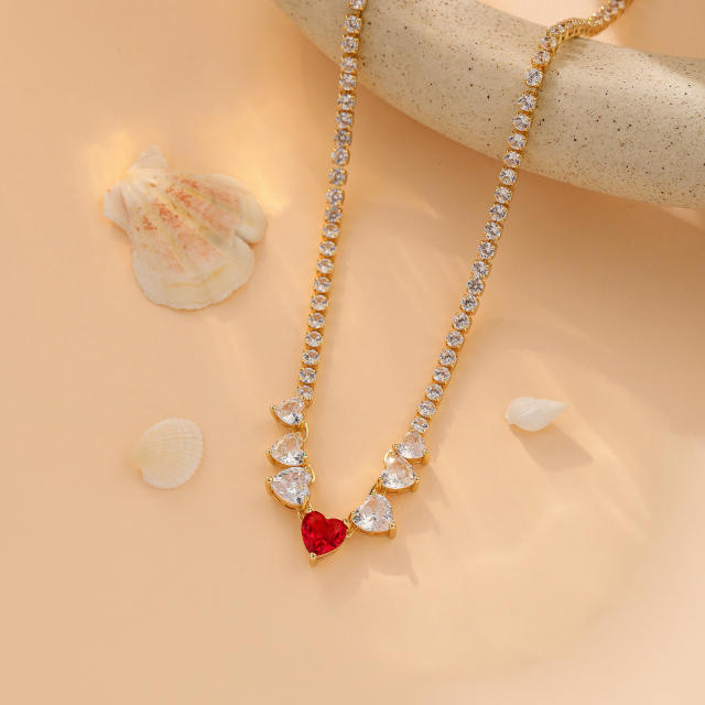 Elegant tennis chain zircon colorful heart copper necklace