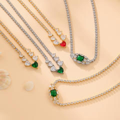 Elegant tennis chain zircon colorful heart copper necklace