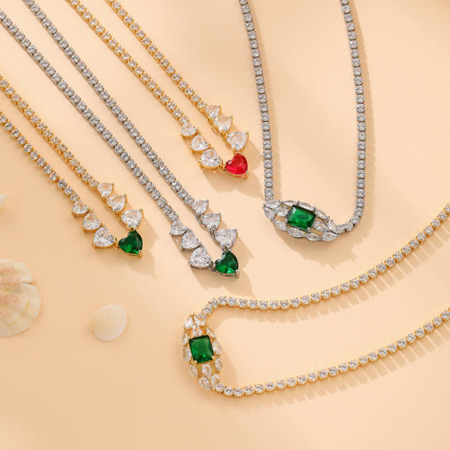 Elegant tennis chain zircon colorful heart copper necklace