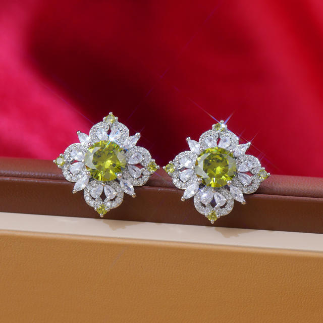 Luxury square colorful crystal diamond copper studs earrings clip on earrings