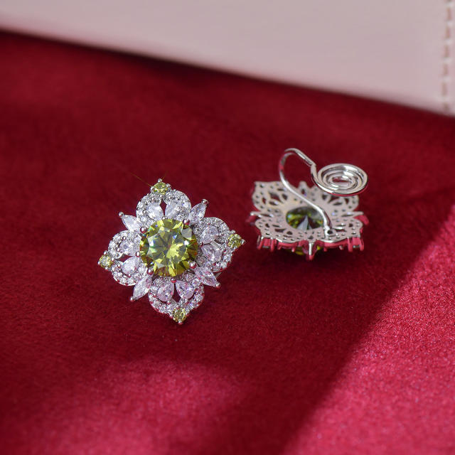 Luxury square colorful crystal diamond copper studs earrings clip on earrings