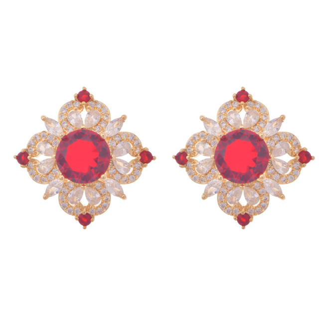 Luxury square colorful crystal diamond copper studs earrings clip on earrings