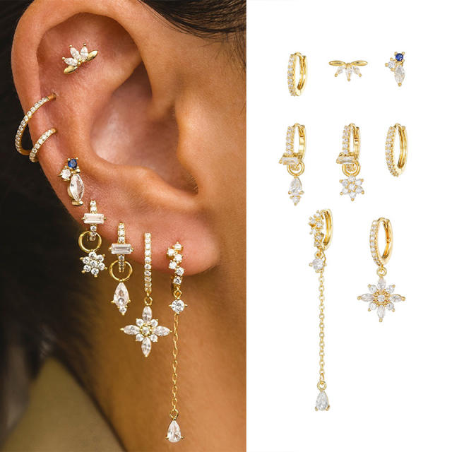 8PCS set 925 needle gold plated copper diamond huggie earrings set