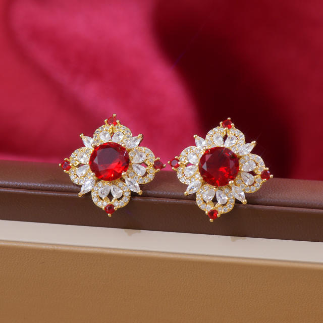 Luxury square colorful crystal diamond copper studs earrings clip on earrings