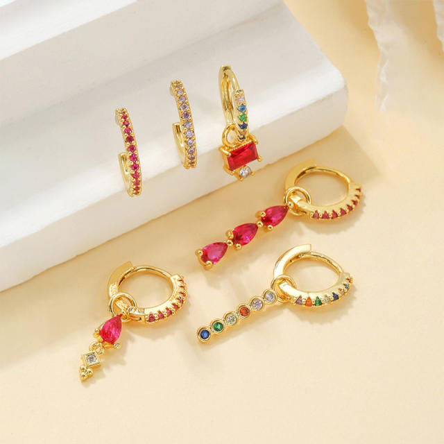 6pcs Set rose red cz pave setting gold plated copper huggie earrings ear cuff set