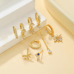 8PCS set 925 needle gold plated copper diamond huggie earrings set