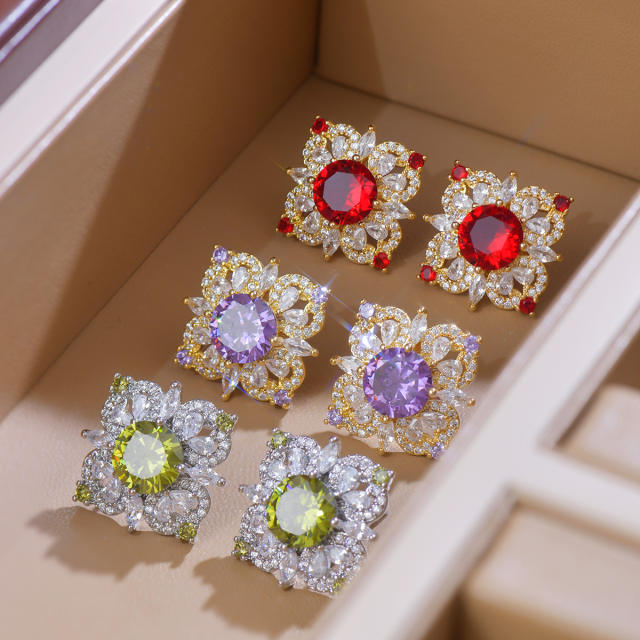 Luxury square colorful crystal diamond copper studs earrings clip on earrings