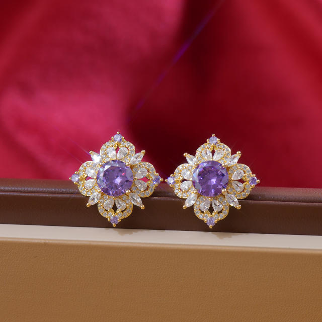 Luxury square colorful crystal diamond copper studs earrings clip on earrings