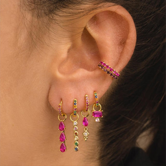 6pcs Set rose red cz pave setting gold plated copper huggie earrings ear cuff set