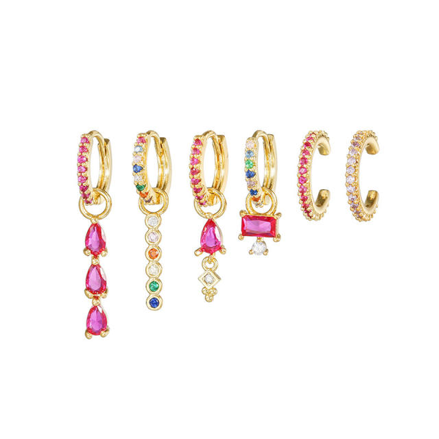 6pcs Set rose red cz pave setting gold plated copper huggie earrings ear cuff set