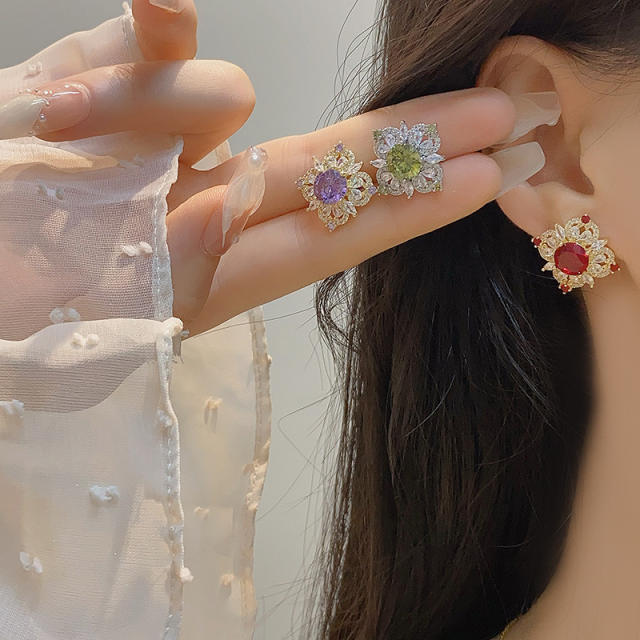 Luxury square colorful crystal diamond copper studs earrings clip on earrings