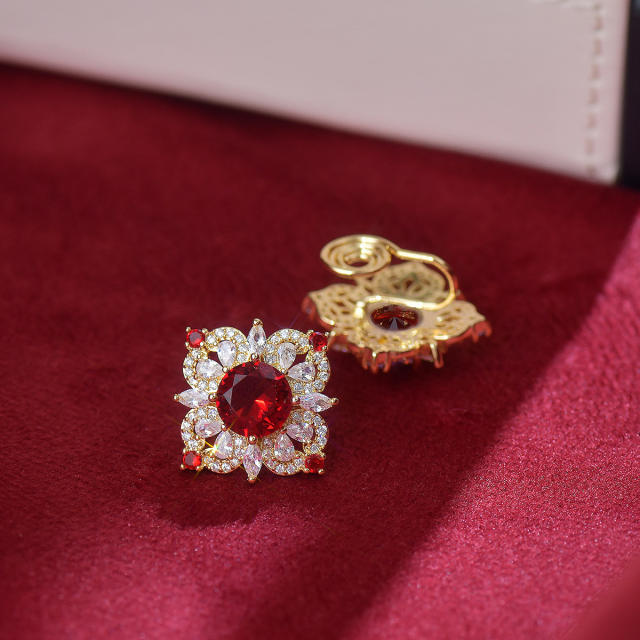 Luxury square colorful crystal diamond copper studs earrings clip on earrings